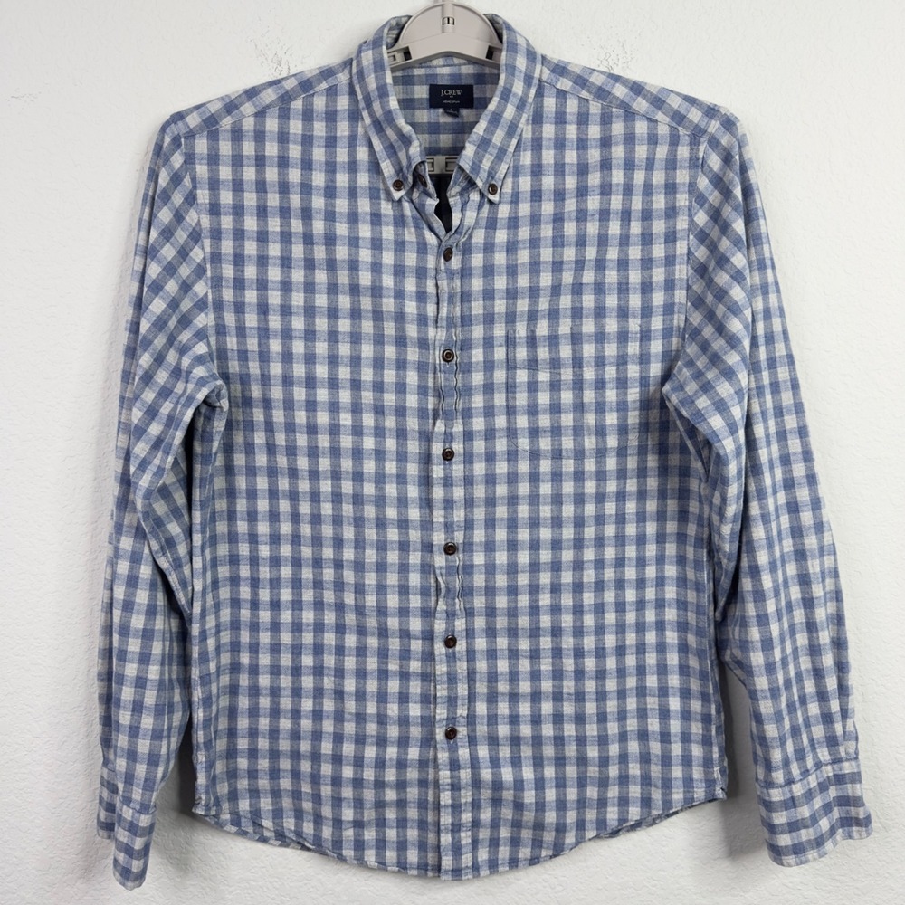 J. Crew Shirt Mens L Blue White Homespun Gingham Plaid Button Preppy Casual
